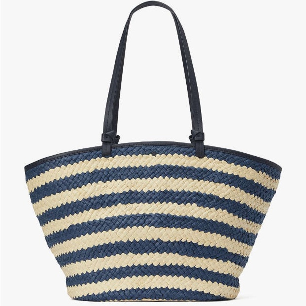 NWT! $378 kate spade Shore Thing Dragonfly Embellished Striped Straw Large Tote - Picture 4 of 17
